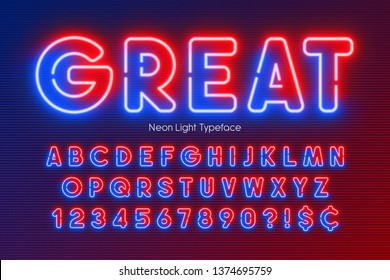 Neon light alphabet, multicolored extra glowing font. Exclusive swatch color control.