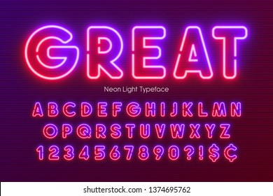 Neon light alphabet, multicolored extra glowing font. Exclusive swatch color control.