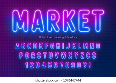 Neon light alphabet, multicolored extra glowing font. Exclusive swatch color control.