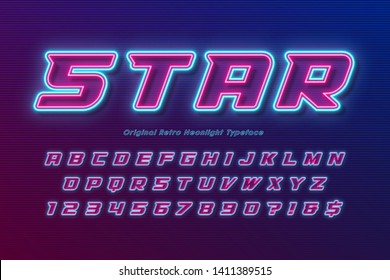 Neon light alphabet, multicolored extra glowing font. Exclusive swatch color control.