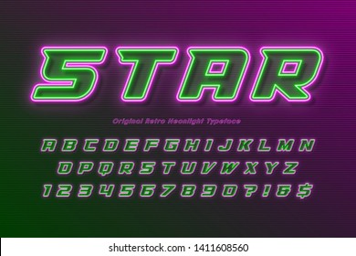 Neon light alphabet, multicolored extra glowing font. Exclusive swatch color control.