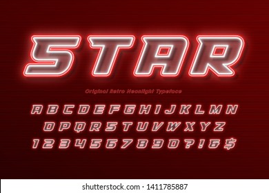 Neon light alphabet, multicolored extra glowing font. Exclusive swatch color control.
