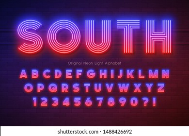 Neon light alphabet, multicolored extra glowing font. Exclusive swatch color control.