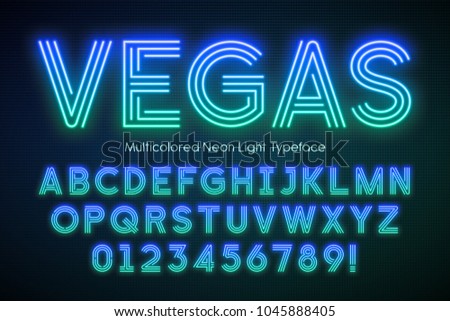 Neon light alphabet, multicolored extra glowing font. Exclusive swatch color control.