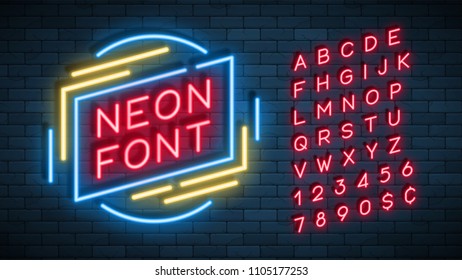 Neon light alphabet, realistic extra glowing font. Exclusive swatch color control.