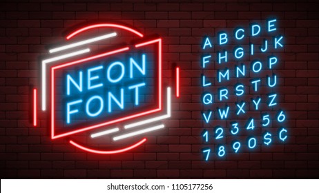 Neon light alphabet, realistic extra glowing font. Exclusive swatch color control.