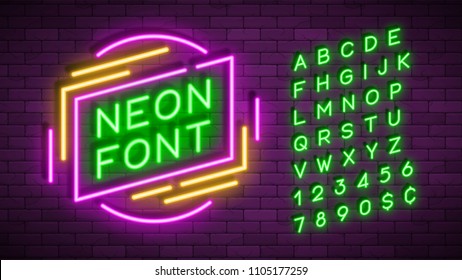 Neon light alphabet, realistic extra glowing font. Exclusive swatch color control.