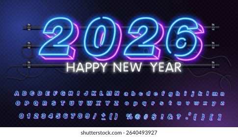 Neon light alphabet, realistic extra glowing font. 2 in 1. Exclusive swatch color control.