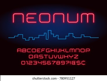 Neon light alphabet, realistic extra glowing futuristic font. Exclusive swatch color control.
