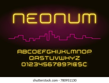 Neon light alphabet, realistic extra glowing futuristic font. Exclusive swatch color control.