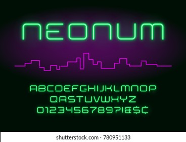 Neon light alphabet, realistic extra glowing futuristic font. Exclusive swatch color control.