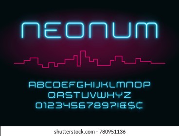 Neon light alphabet, realistic extra glowing futuristic font. Exclusive swatch color control.