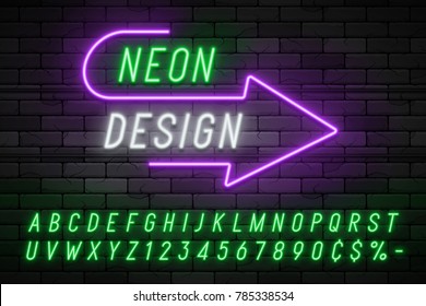 Neon light alphabet, realistic extra glowing font. Exclusive swatch color control.