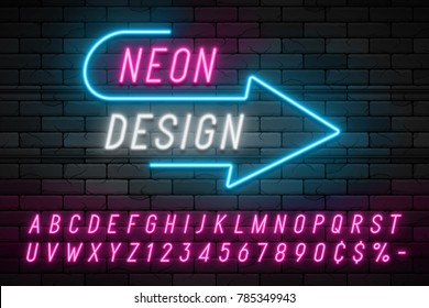 Neon light alphabet, realistic extra glowing font. Exclusive swatch color control.