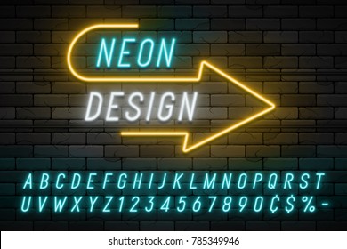 Neon light alphabet, realistic extra glowing font. Exclusive swatch color control.