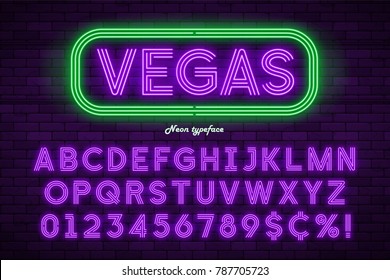 Neon light alphabet, realistic extra glowing font. Exclusive swatch color control.