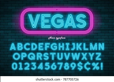 Neon light alphabet, realistic extra glowing font. Exclusive swatch color control.