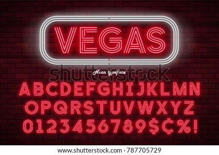 Neon light alphabet, realistic extra glowing font. Exclusive swatch color control.