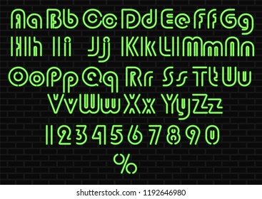 Neon light alphabet, realistic glowing font on brick wall. Numbers.  Uppercase and lowercase letters