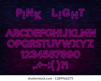 Neon light alphabet, red glowing font.  Neon alphabet fonts and numbers with points. Modern design letters and numbers. Vector illustration.