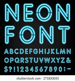 Neon Light Alphabet Vector Font.
Type Letters, Numbers And Punctuation Marks. Neon Tube Letters On Dark Background