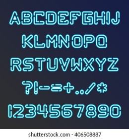 Neon Light Alphabet Vector Font. Type letters, numbers and punctuation marks. Neon tube letters on dark background.