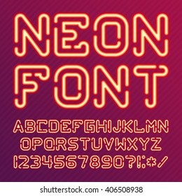 Neon Light Alphabet Vector Font. Type letters, numbers and punctuation marks. Neon tube letters on background.