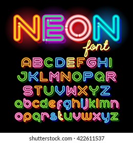 Neon Light Alphabet Vector Font. Neon Tube Letters On Dark Background. Uppercase And Small Case Set