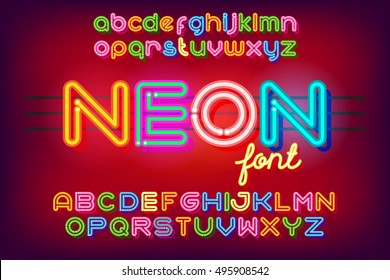 Neon light Alphabet. Vector Font. Color Neon tube letters on dark glow red background