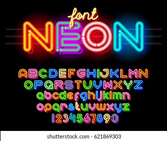 Neon Light Alphabet Vector Font. Neon Tube Letters On Dark Glow Red Background