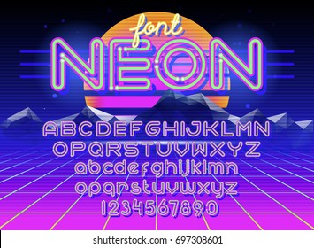 Neon Light Alphabet Vector Font. Neon Tube Letters On The Retro Futuristic Background