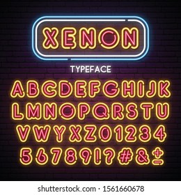 Neon light alphabet. Vector retro font. Type letters, numbers and punctuation marks.