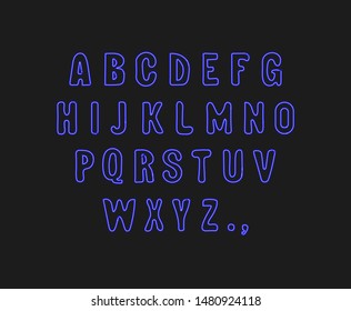 Neon light alphabet, vector shining letters isolated in dark background, bright blue color.