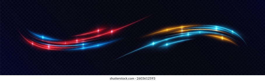 Neon light arcs with glow effect on a dark background. Red, blue and yellow lines with highlights create a feeling of energy and movement.