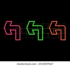 Signos de Vector de puntero de flecha de luz de neón sobre fondo oscuro. Brillantes punteros de dirección azul, verde, rosa y púrpura, casino, espectáculo nocturno o fiesta, club, bar o diseño de cine.