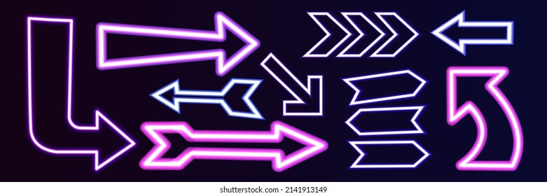 Neon light arrow or purple glow sign for direction vector illustration set. Shine information element, navigation pointer, bright graphic object. Previous next left right up down button. Ui interface