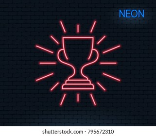 Neon Light. Award Cup Line Icon. Winner Trophy Symbol. Sports Achievement Sign. Glowing Graphic Design. Brick Wall. Vector