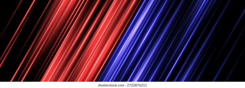 Neon light background with diagonal glowing lines in blue and red colors. Futuristic abstract laser beam pattern on dark. Dynamic motion energy pattern. Modern vector illustration.