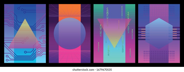 Fondo de luz neón, patrón abstracto geométrico establecido en el estilo de los años 80 