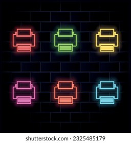 Neon light balloon. Print image line icon. Photo printer sign. Image symbol. Neon light background. Print the image glow line. Brick wall banner. vector. many colors.
