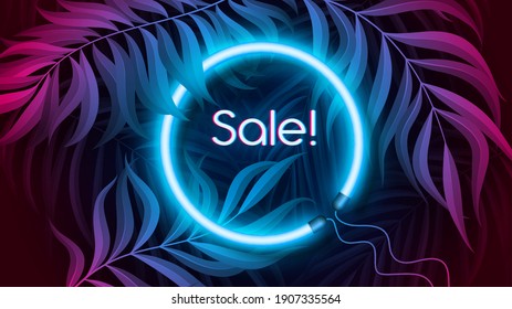 Neon light banner in fluorescent color, tropical background concept. Vector illustration