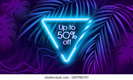 Neon light banner in fluorescent color, tropical background concept. Vector illustration