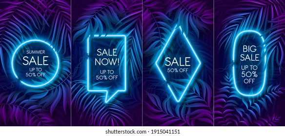 Neon light banner in fluorescent color, tropical background concept. Vector illustration set