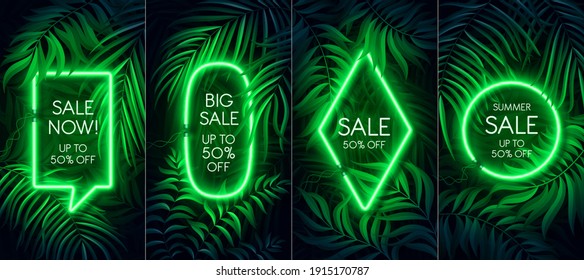 Neon light banner in fluorescent color, tropical background concept. Vector illustration set