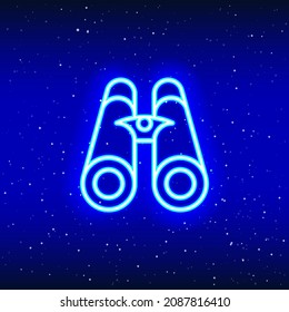 Neon light binocular design. Linear binocular design. Neon rover in space. Unique and realistic neon icon. Linear icon on blue background.