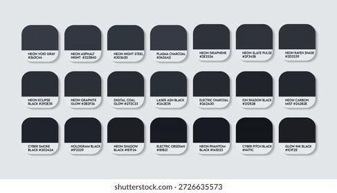 Neon Light Black Color Guide Palette with Color Names. Catalog Samples Neon Black with RGB HEX codes and Names. Neon Black Clothing Colors Palette Vector, Neon Light Black Paint Color Palette