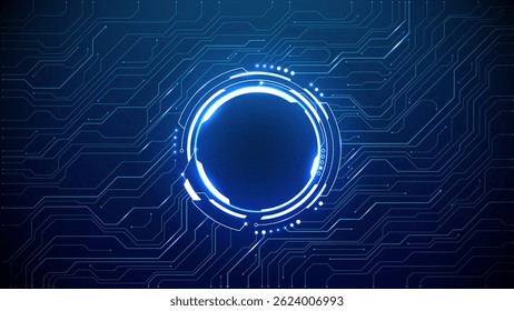 Neon light blue circle portal with electronics elements and wires are on a futuristic technology circuit board. Technology sky-fi background. Round glowing HUD with space for text. Vector tech bg.