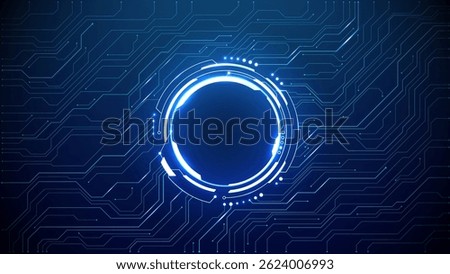 Neon light blue circle portal with electronics elements and wires are on a futuristic technology circuit board. Technology sky-fi background. Round glowing HUD with space for text. Vector tech bg.