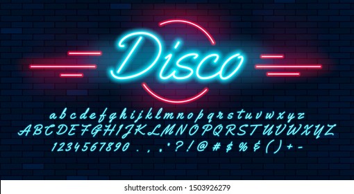 Neon light blue font hand drawin, english alphabet uppercase and lowercase letters and numbers, on brick background, vector illustration