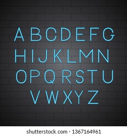 Neon light blue vector alphabet on brick wall background. Sans serif font. Glowing latin uppercase letters. Typeface for headlines, banners, signboards, posters, etc. Easy to edit design template.